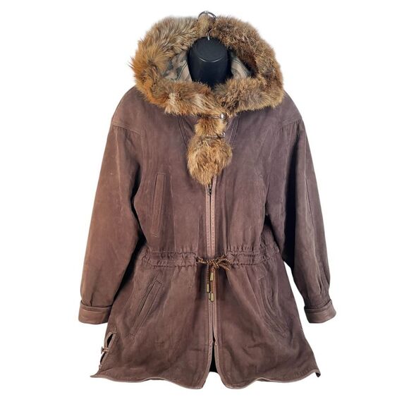 vtg Gerome made in Spain lambs leather red fox trim coat‎ jacket L tan brown - Picture 1 of 9